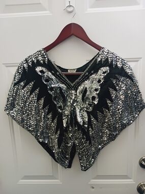 Black Sequin 100% Silk Butterfly Poncho Tunic with Silver Accents